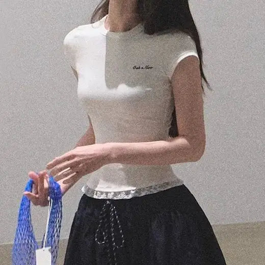 2025 Harajuku Fake Two Pieces T-shirt Women Y2k Aesthetic Lace Patchwork Grunge Tees Streetwear Summer Slim Fit Casual Tshirts