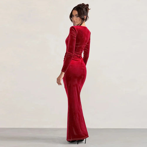 Load image into Gallery viewer, Velvet Long Sleeve Sexy Maxi Dress For Women Autumn Winter New Square Collar Thigh High Split Evening Club Party Dress
