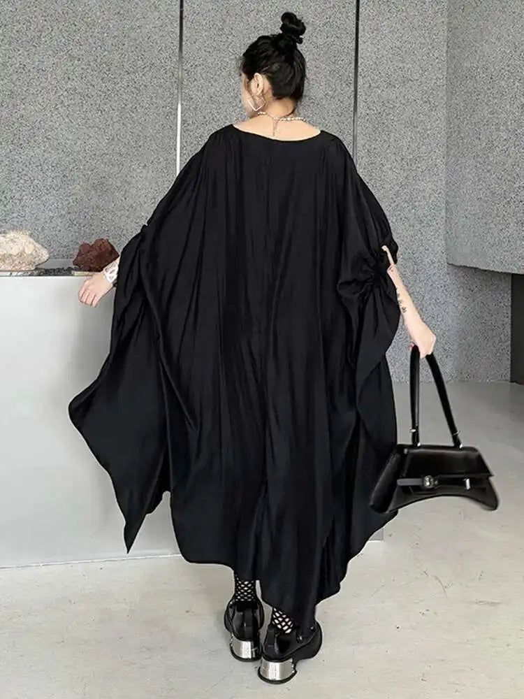 Women Black Pleated Irregular Big Size Long Dress New Round Neck Half Sleeve Fashion Tide Spring Summer 2025 1DH6284