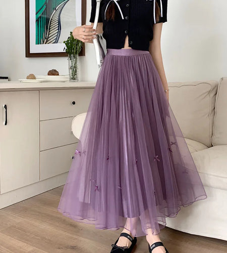 Women Solid Sweet Long Skirt 2023 New Korean Fashion Bow Elegant A Line Elastic High Waist Party Pleated Mesh Skirt Female Retro