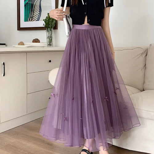 Load image into Gallery viewer, Women Solid Sweet Long Skirt 2023 New Korean Fashion Bow Elegant A Line Elastic High Waist Party Pleated Mesh Skirt Female Retro
