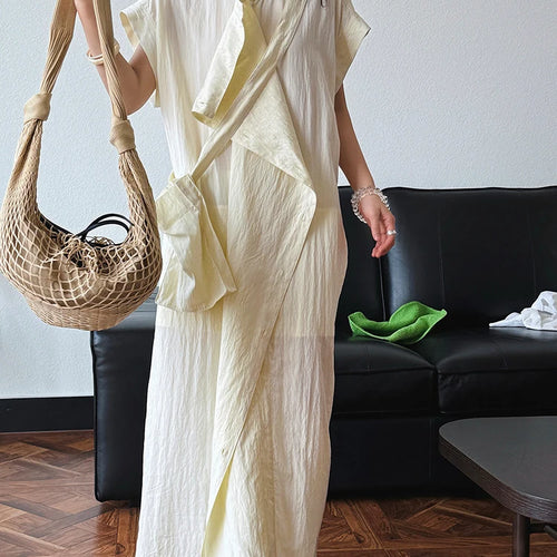 Load image into Gallery viewer, Women  Beige Ruffles Big Size Elelgant Long Dress New Stand Collar Short Sleeve Fashion Tide Spring Summer 2025 1DJ1406
