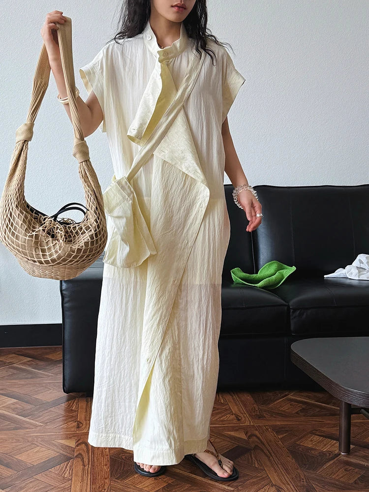 Women  Beige Ruffles Big Size Elelgant Long Dress New Stand Collar Short Sleeve Fashion Tide Spring Summer 2025 1DJ1406