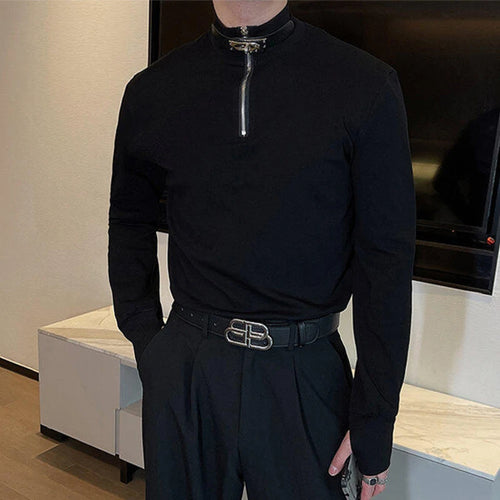 Load image into Gallery viewer, Men&#39;s Mock Neck T-shirt Long Sleeve Tees Solid Color Metal Zipper Design Leather Buckle Spring Business Casual 9W1417
