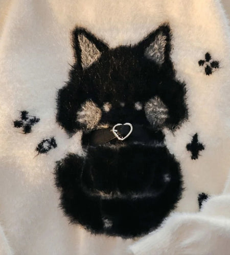 Loose Mohair Sweater Women Y2k Aesthetic Knitted Cartoon Cat Vintage Pullover Sueter Mujer Harajuku Grunge Pull Femme Top Jumper