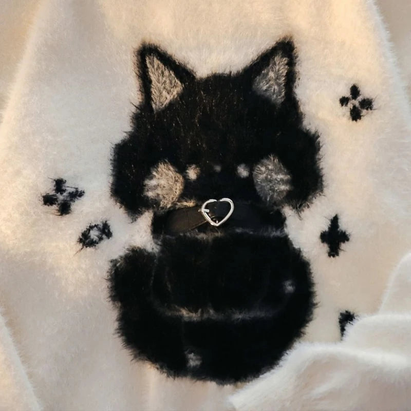 Loose Mohair Sweater Women Y2k Aesthetic Knitted Cartoon Cat Vintage Pullover Sueter Mujer Harajuku Grunge Pull Femme Top Jumper