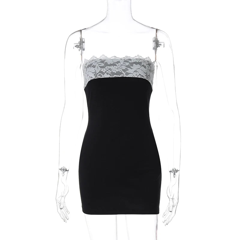 Lace Strapless Sexy Mini Dress For Women Robe Patchwork Off-shoulder Sleeveless Backless High Waist Bodycon Club Dress