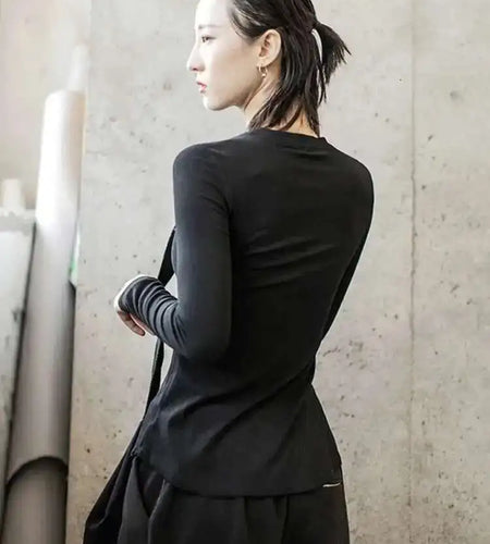 Women Burr Split Joint Asymmetrical Temperament T-shirt New Round Neck Long Sleeve  Fashion Tide  Spring Autumn 2025 1H312