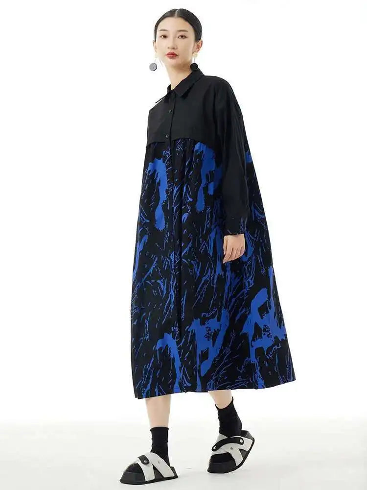 Women White Pattern Printed Big Size Casual Shirt Dress New Lapel Long Sleeve Fashion Tide Spring Autumn 2025 1DH4823