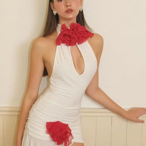 Load image into Gallery viewer, Sexy Sleeveless Flower Decorative Backless Dress For Women Slim Ruffles Flowing Straps Vestidos Party Club Evening Dress
