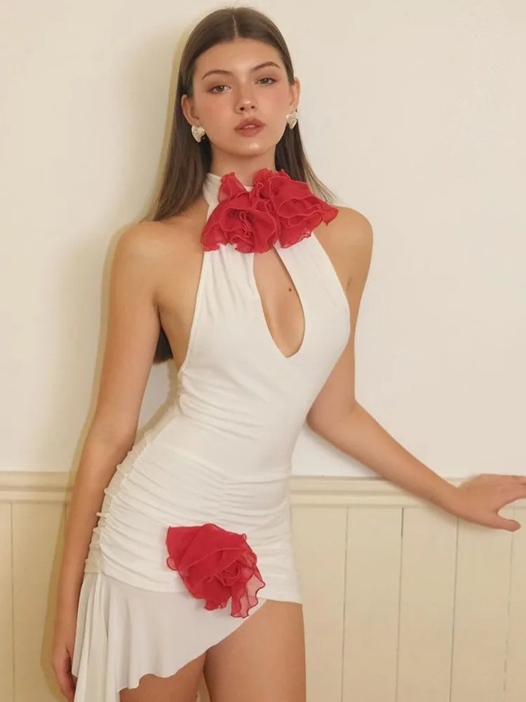 Sexy Sleeveless Flower Decorative Backless Dress For Women Slim Ruffles Flowing Straps Vestidos Party Club Evening Dress