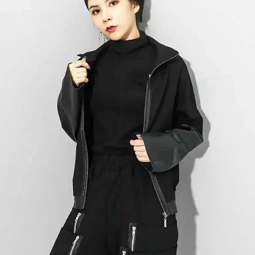 Load image into Gallery viewer, Loose Fit Black Pu Leather Zipper Casual Sweatshirt New Turtleneck Long Sleeve Women Big Size Fashion Autumn 2025 1DF4790
