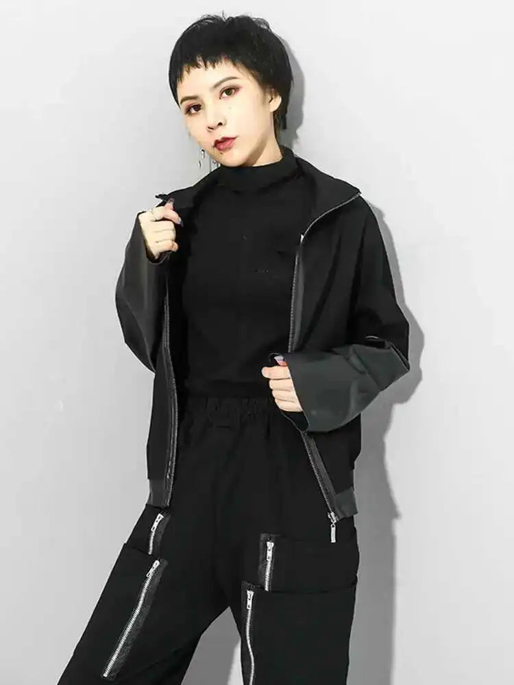 Loose Fit Black Pu Leather Zipper Casual Sweatshirt New Turtleneck Long Sleeve Women Big Size Fashion Autumn 2025 1DF4790