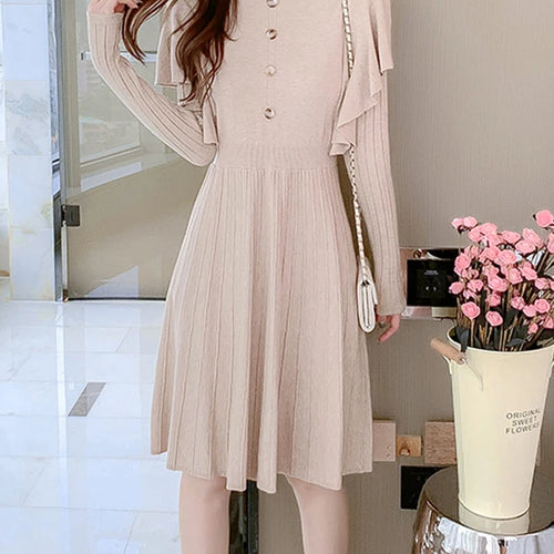 Load image into Gallery viewer, Autumn Dress French Style Slim Waist Mid-Length Knitted Dress Fashion Simple A-Line Black Khaki Dresses Women S-XL
