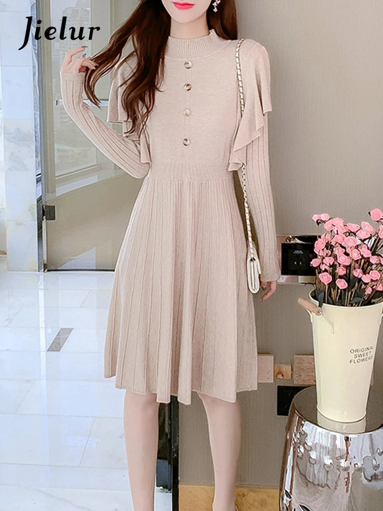 Autumn Dress French Style Slim Waist Mid-Length Knitted Dress Fashion Simple A-Line Black Khaki Dresses Women S-XL