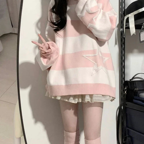 Load image into Gallery viewer, Japanese Contrast Color Star Sweaters Grunge Fashion All Match Streetwear Sueter Mujer Sweet Y2k Aesthetic Loose Jumpers Women
