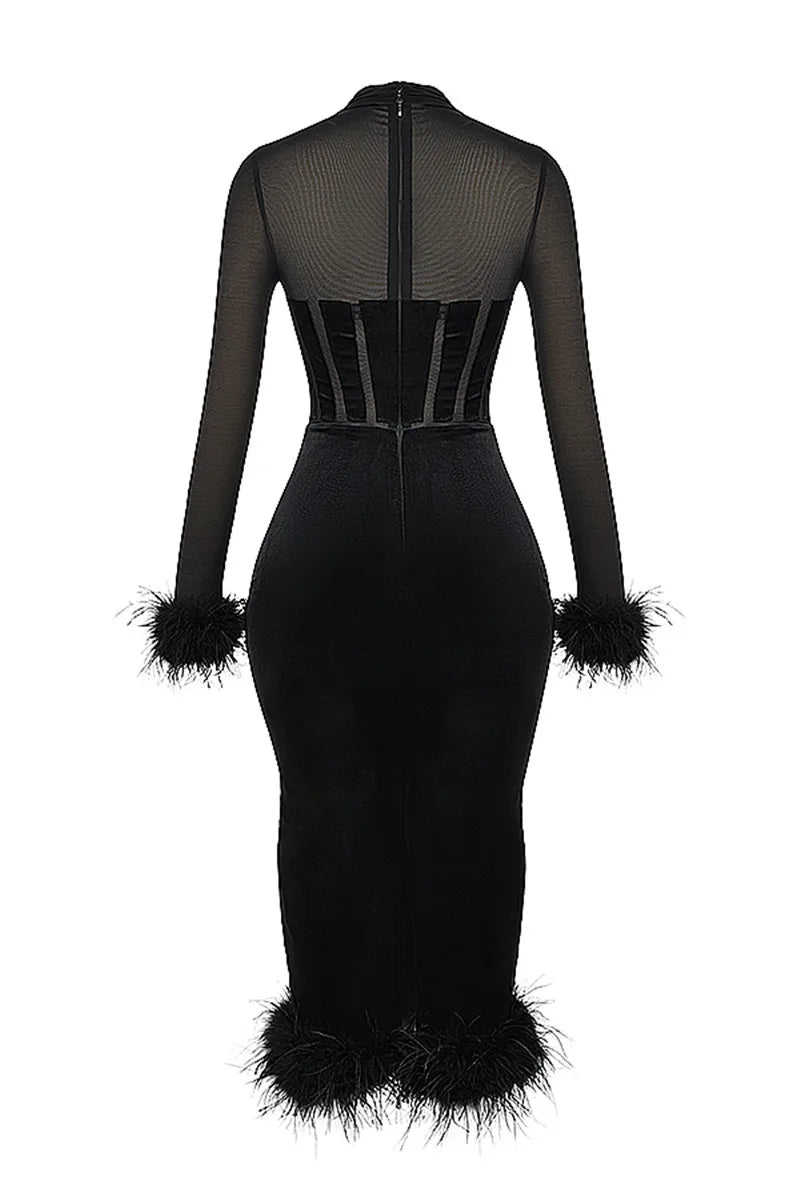 Elegant Feather Sexy Midi Dress For Women Black Fashion Sheer Long Sleeve Backless Bodycon Club Party Long Dress