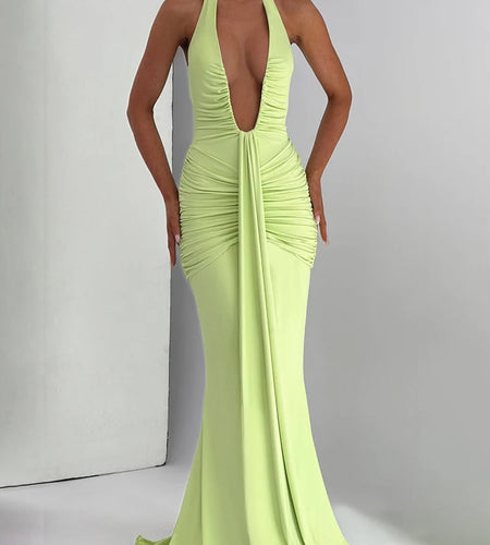 Deep V Neck Backless Ruched Sexy Maxi Dress Women Gown Summer Halter Sleeveless Draped Club Party Long Dress 2025