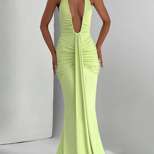 Load image into Gallery viewer, Deep V Neck Backless Ruched Sexy Maxi Dress Women Gown Summer Halter Sleeveless Draped Club Party Long Dress 2025
