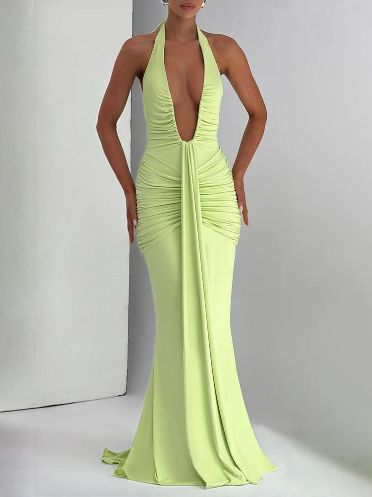 Deep V Neck Backless Ruched Sexy Maxi Dress Women Gown Summer Halter Sleeveless Draped Club Party Long Dress 2025