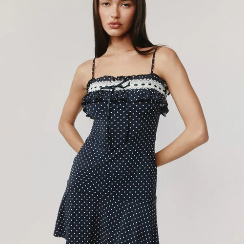 Load image into Gallery viewer, Spaghetti Strap Polka Dot Mini Dress For Women Robe Contrast Color Off-shoulder Sleeveless Backless Club Party Dress
