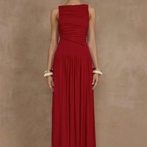 Load image into Gallery viewer, Elegant Sleeveless Maxi Dress For Women Fashion Solid Boat Neck Tank Dresses Ladies Sexy Ruched Long Dress New Gown
