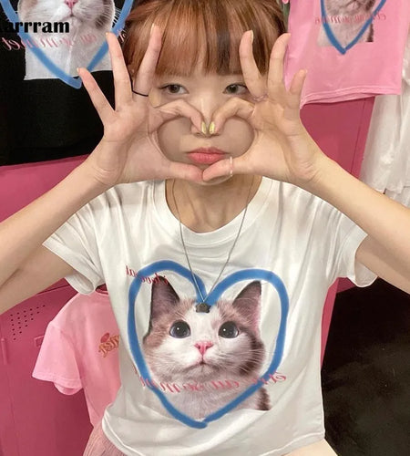 Y2k Aesthetics Crop Top Korean Fashion Kitten Print T-shirt Kpop Designer Clothes Kawaii Cat Short Sleeve Tshirt Sweet