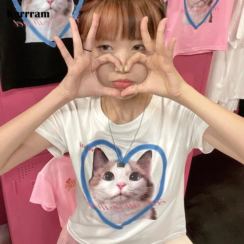 Load image into Gallery viewer, Y2k Aesthetics Crop Top Korean Fashion Kitten Print T-shirt Kpop Designer Clothes Kawaii Cat Short Sleeve Tshirt Sweet
