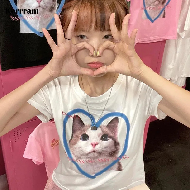 Y2k Aesthetics Crop Top Korean Fashion Kitten Print T-shirt Kpop Designer Clothes Kawaii Cat Short Sleeve Tshirt Sweet