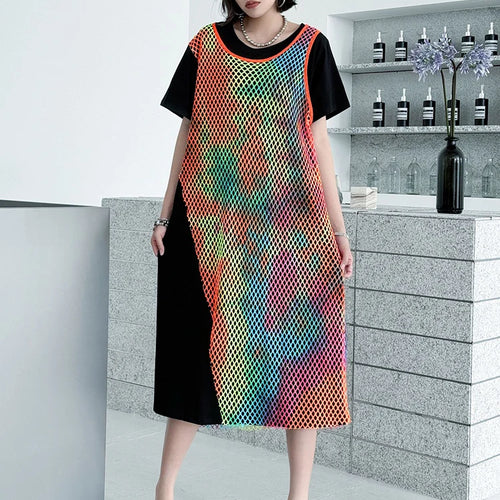 Load image into Gallery viewer, Women Green Colorful Spliced Big Size Midi Dress New Round Neck Short Sleeve Fashion Tide Spring Summer 2025 1DJ1155
