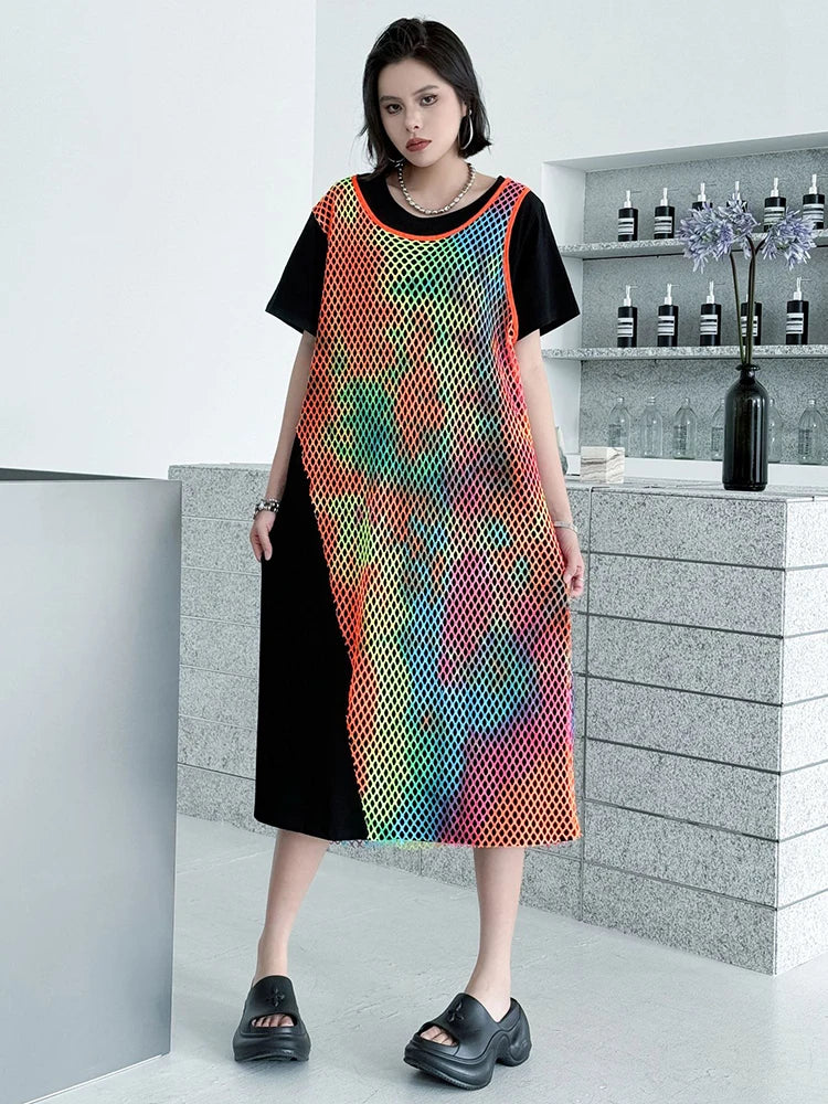 Women Green Colorful Spliced Big Size Midi Dress New Round Neck Short Sleeve Fashion Tide Spring Summer 2025 1DJ1155