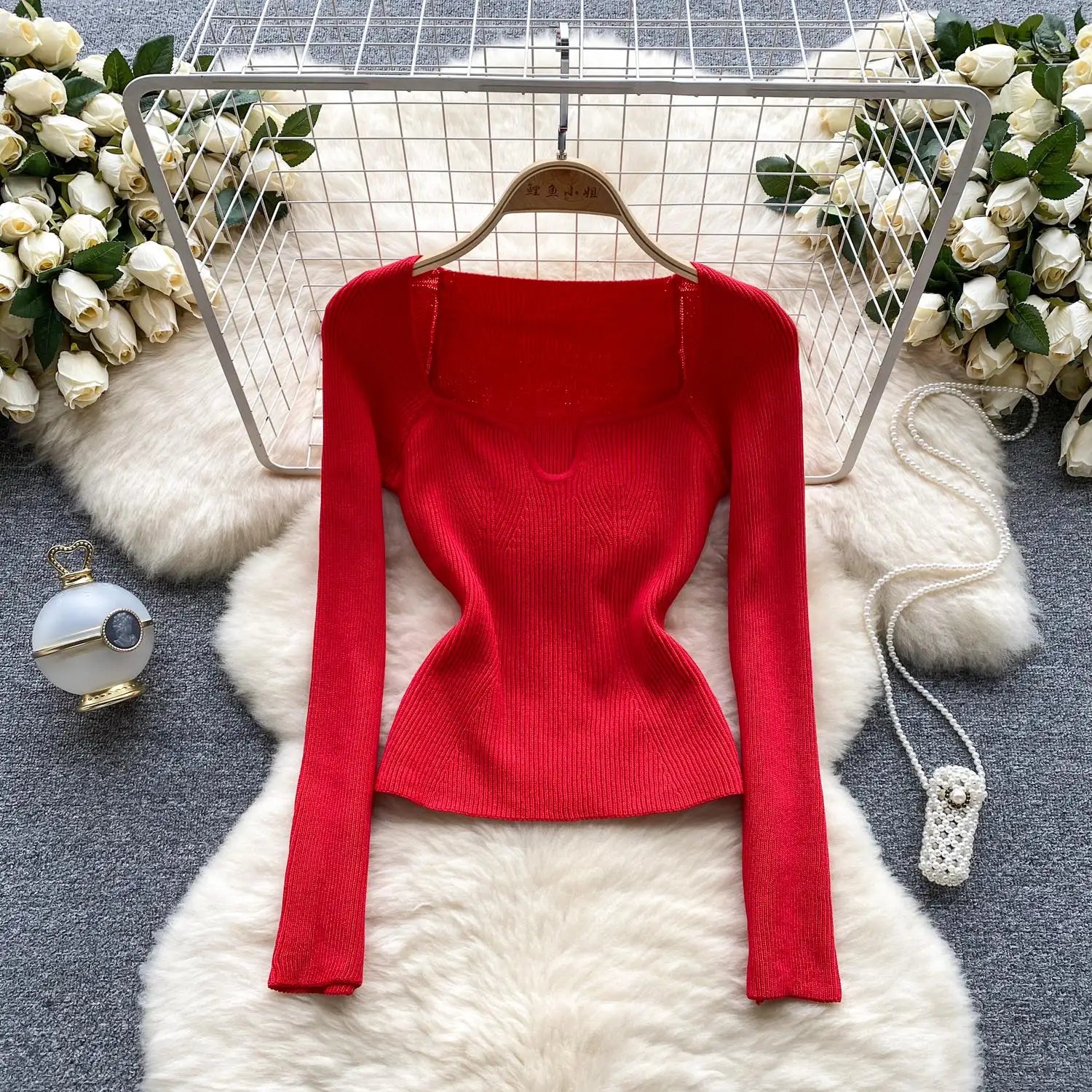 Fashion Solid Knitted Square Collar Long Sleeves Slim Fit Tops Women France Autumn Office Lady Elegant Pullover Sweater Popular