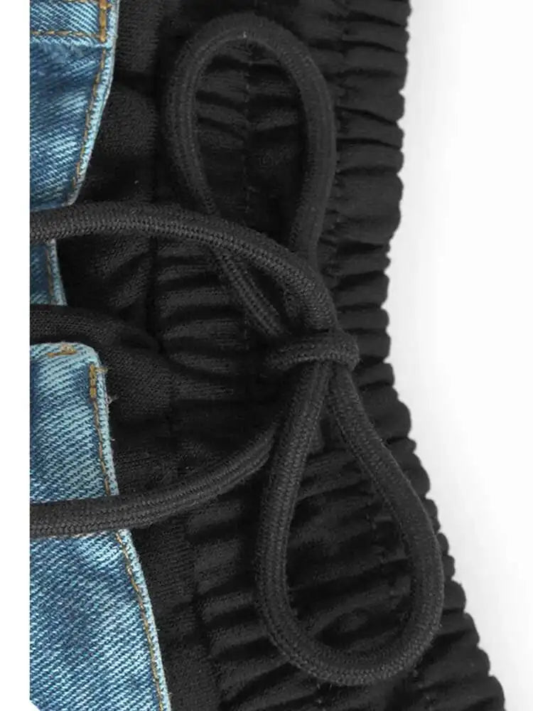 High Elastic Waist Black Denim Color-block Drawstring Half-body Skirt Women Fashion Tide New Spring Autumn 2025 1DJ0084