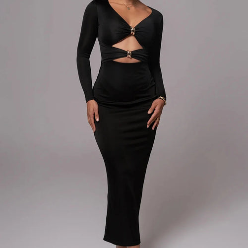 Load image into Gallery viewer, Hollow out long sleeve sexy maxi dress for women fashion solid V neck back split bodycon club long dress elegant

