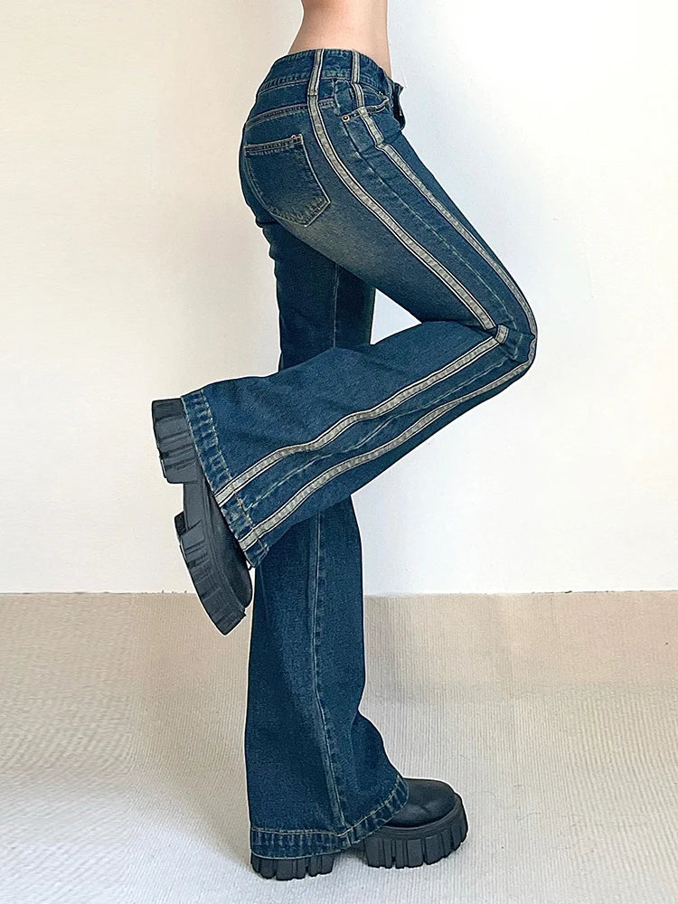 Y2K Retro Fashion Stripe Patchwork Skinny Low Rise Jeans Female Boot Cut Pants Korean Slim Aesthetic Denim Trousers