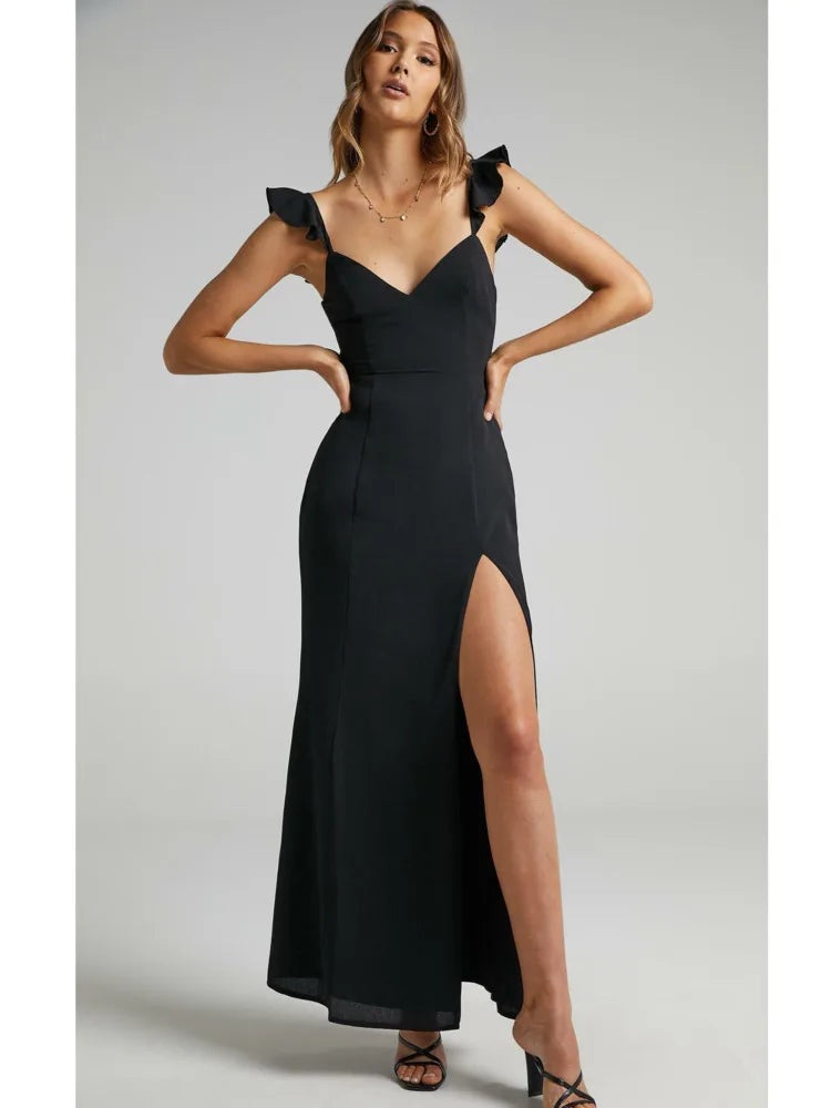 Elegant Sleeveless High Slit Bodycon Party Club Evening Dress Women Pleated High Waisted Vestido Sexy Slim Long Dress