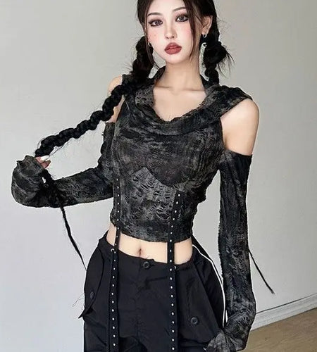 Crop Top Harajuku T Shirts Women Long Sleeve Tunic Hooded Tees Harajuku Y2k Tshirts Off Shoulder Casual Fashion Summer Camisetas