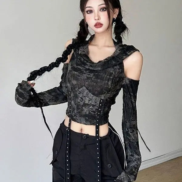 Crop Top Harajuku T Shirts Women Long Sleeve Tunic Hooded Tees Harajuku Y2k Tshirts Off Shoulder Casual Fashion Summer Camisetas
