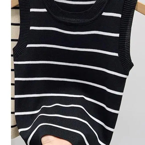 Load image into Gallery viewer, New 2024 Vintage Basic Bottoming Striped Patchwork Knit Vest Women Autumn Winter Elegant Sleeveless Slim Short Tank Tops Fashion
