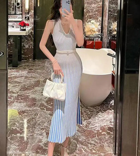 Korean Autumn White Stripe V Neck Elegant Wrap Hip Long Dress Vintage Women Temperament Sleeveless Knitted Vest Dress 2024 Trend