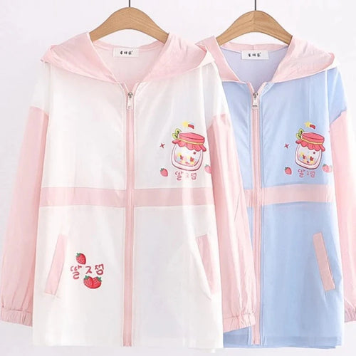 Load image into Gallery viewer, Summer Women Thin Zipper Hooded Jackets Strawberry Print Long Sleeve Harakuju Jacket Sweet Style Female Kawaii Cute Coat
