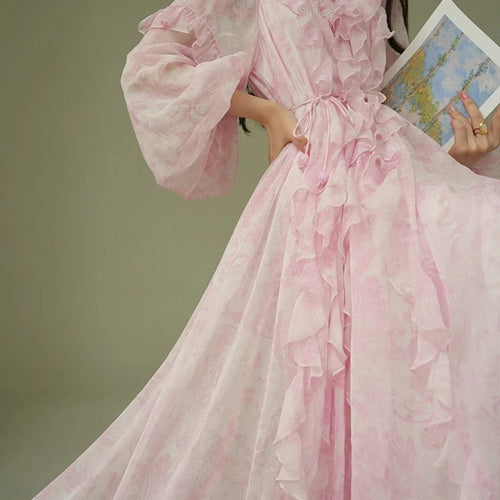 Load image into Gallery viewer, Pink Printing Spliced Fungus Folds Elelgant Dresses for Women V Neck Long Sleeves Patchwork Lace Up Dress Female
