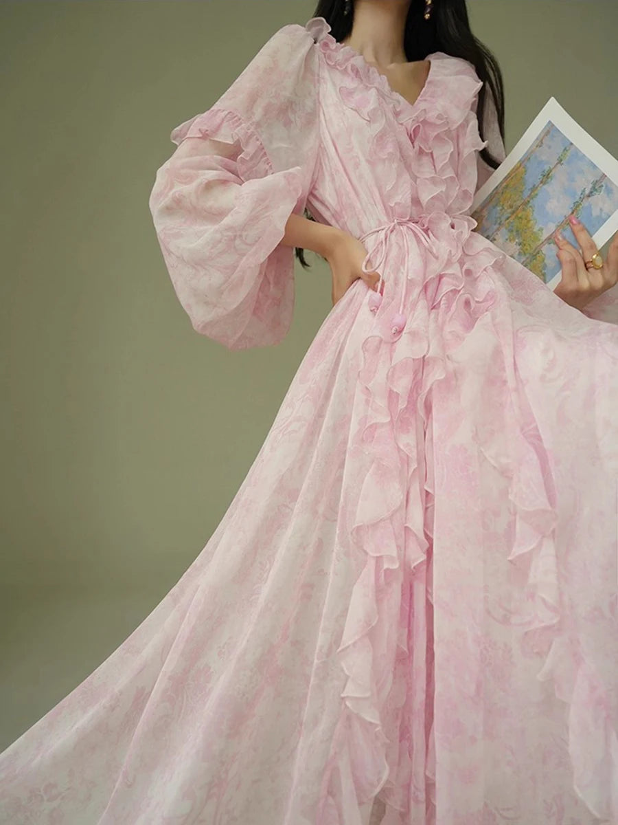 Pink Printing Spliced Fungus Folds Elelgant Dresses for Women V Neck Long Sleeves Patchwork Lace Up Dress Female