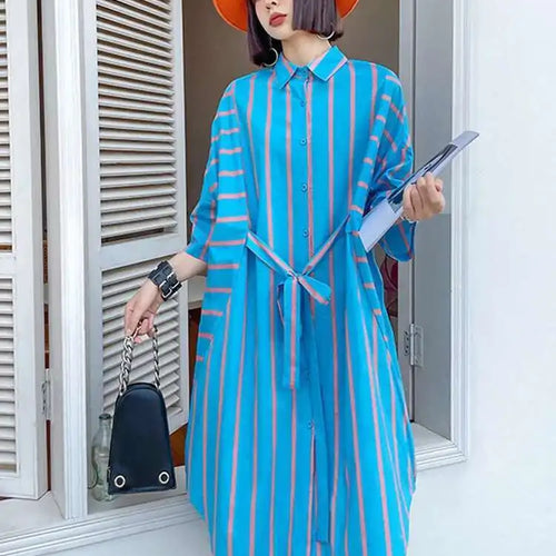 Load image into Gallery viewer, Women Blue Striped Bandage Big Size Knee-Length Shirt Dress New Lapel Long Sleeve Fashion Tide Spring Autumn 2025 1DH4539
