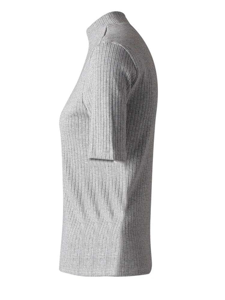 Women Black Gray Knitting Brief Slim Elegant T-shirt New Turtleneck Short Sleeve Fashion Tide Spring Summer 2025 CPG3078