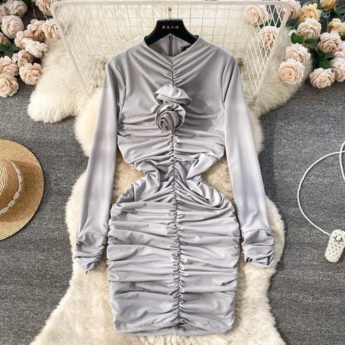 Load image into Gallery viewer, Retro Blue Bodycon Pleated Dress Women Long Sleeved Gray Dresses Women Autumn Black Sexy Club Dress Festival Night Party Dresses
