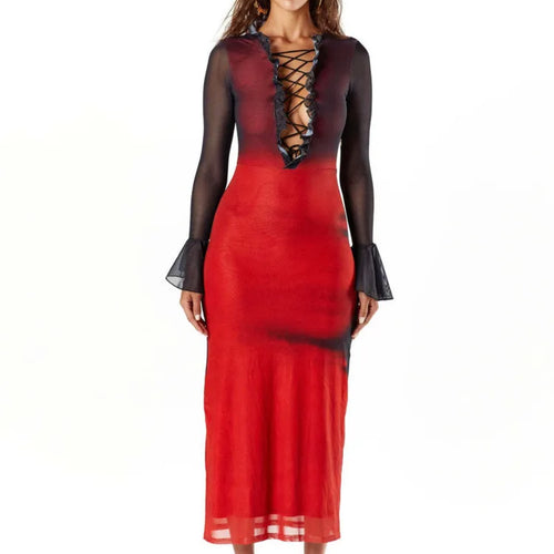 Load image into Gallery viewer, Elegant Long Sleeved Lace Up Elastic Tight Tie Dye Gradient Women Evening Dress Bodycon Sexy Female Dress Party Vestido
