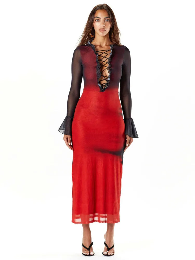 Elegant Long Sleeved Lace Up Elastic Tight Tie Dye Gradient Women Evening Dress Bodycon Sexy Female Dress Party Vestido