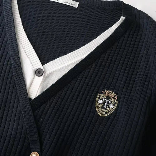 Load image into Gallery viewer, French Fashion 2024 New Patchwork Elegant Long Sleeved Sweater Autumn Winter Women's V Neck Double Breasted Cardigan Knitted Top
