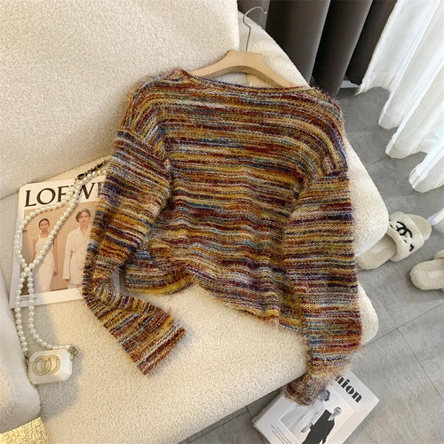 Load image into Gallery viewer, Autumn Winter Vintage O-neck Long Sleeve Casual Mink Striped Patchwork Sweater Women Knitted Pullovers Short Top Boho French Y2k
